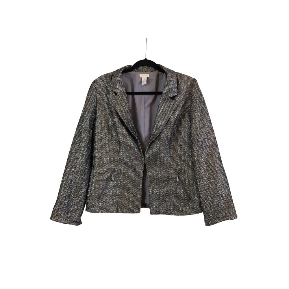 Chicos Womens Blazer Sliver Metallic Blue Lined Jacket Sz US M / 8 Zip Pockets